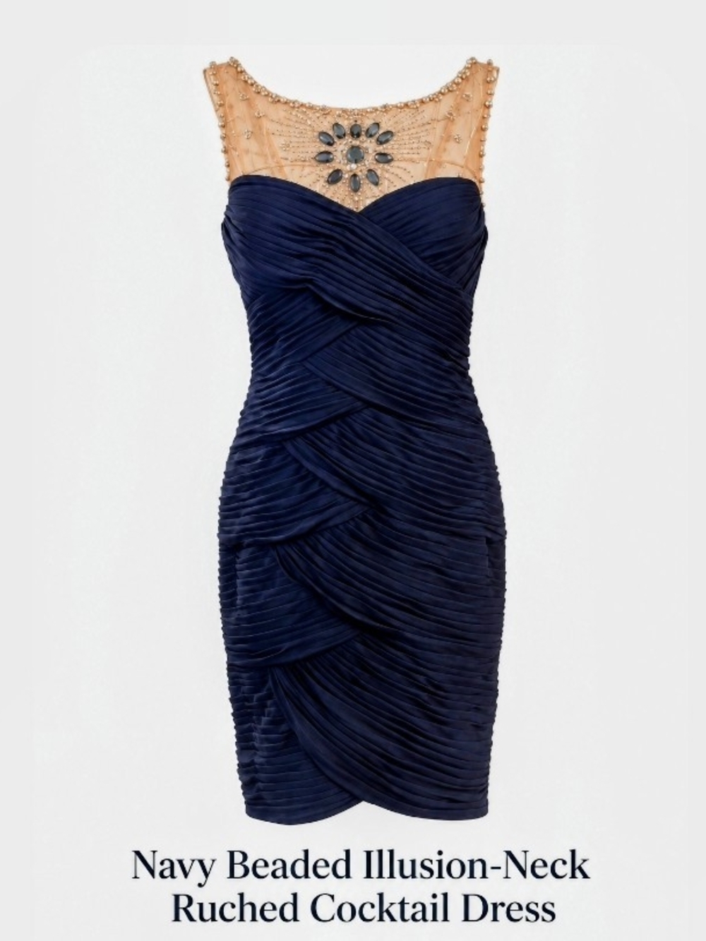 FORMAL Navy Beaded Illusion-Neck Ruched Cocktail Dress
